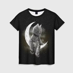 Женская футболка 3D с принтом Кот на луне в Петрозаводске, 100% полиэфир ( синтетическое хлопкоподобное полотно) | прямой крой, круглый вырез горловины, длина до линии бедер | cat | kitten | звёзды | космос | кот | котейка | котёнок | кошка | луна