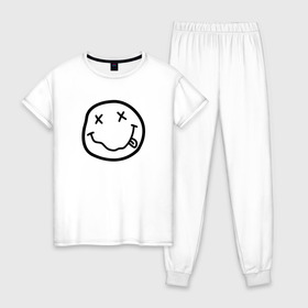 Женская пижама хлопок с принтом NIRVANA в Петрозаводске, 100% хлопок | брюки и футболка прямого кроя, без карманов, на брюках мягкая резинка на поясе и по низу штанин | nirvana | smile | курт кобейн | нирвана | смайл