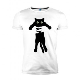 Мужская футболка премиум с принтом Черный кот в руках в Петрозаводске, 92% хлопок, 8% лайкра | приталенный силуэт, круглый вырез ворота, длина до линии бедра, короткий рукав | cat | в руках | глаза | животное | кот | котенок | кошка | милый | черный