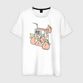 Мужская футболка хлопок с принтом Персиковый Сок в Петрозаводске, 100% хлопок | прямой крой, круглый вырез горловины, длина до линии бедер, слегка спущенное плечо. | japan | japanese | juice | peach | urban | urban style | персик | сок | стиль | урбан | япония | японский стиль
