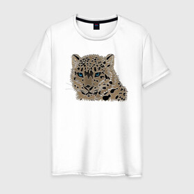 Мужская футболка хлопок с принтом Metallized Snow Leopard в Петрозаводске, 100% хлопок | прямой крой, круглый вырез горловины, длина до линии бедер, слегка спущенное плечо. | барс | ирбис | леопард | портрет барса | портрет леопарда | портрет ягуара | снежный барс | хищник | ягуар