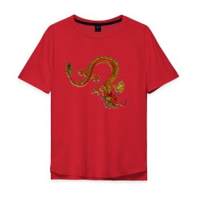 Мужская футболка хлопок Oversize с принтом Metallized Red Dragon в Петрозаводске, 100% хлопок | свободный крой, круглый ворот, “спинка” длиннее передней части | азиатский дракон | восточный дракон | год дракона | дракон | змей | китайский дракон | китайский змей | красный дракон | металлический дракон | огненный дракон | японский дракон | яркий дракон