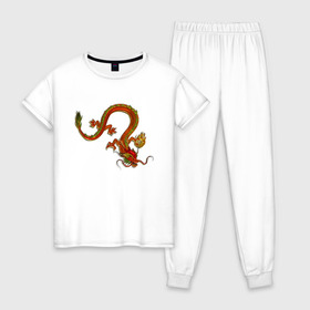 Женская пижама хлопок с принтом Metallized Red Dragon в Петрозаводске, 100% хлопок | брюки и футболка прямого кроя, без карманов, на брюках мягкая резинка на поясе и по низу штанин | азиатский дракон | восточный дракон | год дракона | дракон | змей | китайский дракон | китайский змей | красный дракон | металлический дракон | огненный дракон | японский дракон | яркий дракон