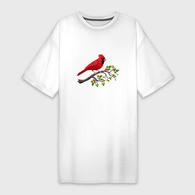 Платье-футболка хлопок с принтом Красный кардинал в Петрозаводске,  |  | cardinalis cardinalis | красный кардинал | новогодняя птица | птица | птичка | рождественская птица