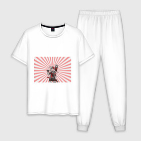 Мужская пижама хлопок с принтом Убийца розового солнца в Петрозаводске, 100% хлопок | брюки и футболка прямого кроя, без карманов, на брюках мягкая резинка на поясе и по низу штанин
 | Тематика изображения на принте: аниме | арт | девочка | маска | меч | солнце | якудза | япония