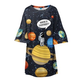 Детское платье 3D с принтом Where is Everybody? в Петрозаводске, 100% полиэстер | прямой силуэт, чуть расширенный к низу. Круглая горловина, на рукавах — воланы | science | астронавт | астрономия | венера | земля | космонавт | космос | наука | научный | планеты | юпитер