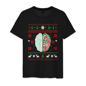 Мужская футболка хлопок с принтом Свитер с мозгом в Петрозаводске, 100% хлопок | прямой крой, круглый вырез горловины, длина до линии бедер, слегка спущенное плечо. | science | мозг | наука | новогодний | новогодний мозг | свитер | свитер с мозгом | снежинки