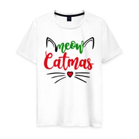 Мужская футболка хлопок с принтом Meow Catmas в Петрозаводске, 100% хлопок | прямой крой, круглый вырез горловины, длина до линии бедер, слегка спущенное плечо. | 