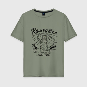 Женская футболка хлопок Oversize с принтом Камчатка в Петрозаводске, 100% хлопок | свободный крой, круглый ворот, спущенный рукав, длина до линии бедер
 | камчатка | медведь | природа | путешествие | путешествие по россии