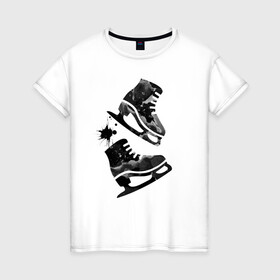 Женская футболка хлопок с принтом коньки в Петрозаводске, 100% хлопок | прямой крой, круглый вырез горловины, длина до линии бедер, слегка спущенное плечо | зимний спорт | катание на льду | коньки | конькобежный спорт | фигурное катание