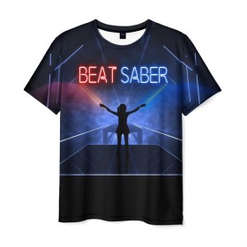 Мужская футболка 3D с принтом Beat Saber в Петрозаводске, 100% полиэфир | прямой крой, круглый вырез горловины, длина до линии бедер | 3d | 3д | beat | saber | виртуальная | игра | реальность | ритм