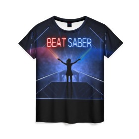 Женская футболка 3D с принтом Beat Saber в Петрозаводске, 100% полиэфир ( синтетическое хлопкоподобное полотно) | прямой крой, круглый вырез горловины, длина до линии бедер | Тематика изображения на принте: 3d | 3д | beat | saber | виртуальная | игра | реальность | ритм