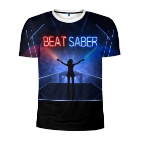 Мужская футболка 3D спортивная с принтом Beat Saber в Петрозаводске, 100% полиэстер с улучшенными характеристиками | приталенный силуэт, круглая горловина, широкие плечи, сужается к линии бедра | Тематика изображения на принте: 3d | 3д | beat | saber | виртуальная | игра | реальность | ритм