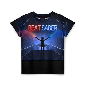 Детская футболка 3D с принтом Beat Saber в Петрозаводске, 100% гипоаллергенный полиэфир | прямой крой, круглый вырез горловины, длина до линии бедер, чуть спущенное плечо, ткань немного тянется | 3d | 3д | beat | saber | виртуальная | игра | реальность | ритм
