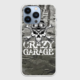 Чехол для iPhone 13 Pro с принтом Crazy garage в Петрозаводске,  |  | bones | garage | helmet | metal | orbits | skull | teeth | wrench | гаечный ключ | гараж | глазницы | зубы | металл | череп | шлем