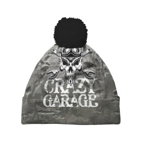 Шапка 3D c помпоном с принтом Crazy garage в Петрозаводске, 100% полиэстер | универсальный размер, печать по всей поверхности изделия | bones | garage | helmet | metal | orbits | skull | teeth | wrench | гаечный ключ | гараж | глазницы | зубы | металл | череп | шлем