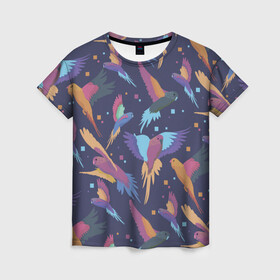 Женская футболка 3D с принтом Райские попугаи в Петрозаводске, 100% полиэфир ( синтетическое хлопкоподобное полотно) | прямой крой, круглый вырез горловины, длина до линии бедер | животное | животные | красочный принт | попугаи | попугай | природа | птица | птицы