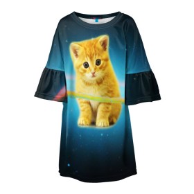Детское платье 3D с принтом Рыжий Котик в Петрозаводске, 100% полиэстер | прямой силуэт, чуть расширенный к низу. Круглая горловина, на рукавах — воланы | Тематика изображения на принте: cat | cats | животные | киса | киска | кот | котики | коты | котэ | кошка | природа