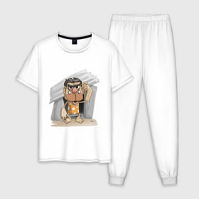 Мужская пижама хлопок с принтом Древний человек в Петрозаводске, 100% хлопок | брюки и футболка прямого кроя, без карманов, на брюках мягкая резинка на поясе и по низу штанин
 | 