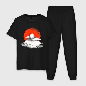 Мужская пижама хлопок с принтом Гора Фудзияма в Петрозаводске, 100% хлопок | брюки и футболка прямого кроя, без карманов, на брюках мягкая резинка на поясе и по низу штанин
 | Тематика изображения на принте: japan | japanese | акварель | восходящие солнце | гора | закат | искуство | красками | краски | красное | на груди | облака | облако | пейзаж | склон | солнце | солнышко | спереди | туристическая | фудзияма