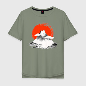 Мужская футболка хлопок Oversize с принтом Гора Фудзияма в Петрозаводске, 100% хлопок | свободный крой, круглый ворот, “спинка” длиннее передней части | Тематика изображения на принте: japan | japanese | акварель | восходящие солнце | гора | закат | искуство | красками | краски | красное | на груди | облака | облако | пейзаж | склон | солнце | солнышко | спереди | туристическая | фудзияма