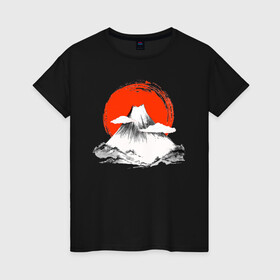 Женская футболка хлопок с принтом Гора Фудзияма в Петрозаводске, 100% хлопок | прямой крой, круглый вырез горловины, длина до линии бедер, слегка спущенное плечо | japan | japanese | акварель | восходящие солнце | гора | закат | искуство | красками | краски | красное | на груди | облака | облако | пейзаж | склон | солнце | солнышко | спереди | туристическая | фудзияма