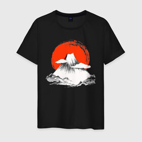 Мужская футболка хлопок с принтом Гора Фудзияма в Петрозаводске, 100% хлопок | прямой крой, круглый вырез горловины, длина до линии бедер, слегка спущенное плечо. | Тематика изображения на принте: japan | japanese | акварель | восходящие солнце | гора | закат | искуство | красками | краски | красное | на груди | облака | облако | пейзаж | склон | солнце | солнышко | спереди | туристическая | фудзияма
