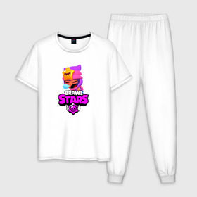 Мужская пижама хлопок с принтом BRAWL STARS:СЭНДИ в Петрозаводске, 100% хлопок | брюки и футболка прямого кроя, без карманов, на брюках мягкая резинка на поясе и по низу штанин
 | Тематика изображения на принте: bibi | brawl stars | brock | bull | crow | dinomike | el primo | leon | mobile game | nita | poko | ricochet | stars | tara | бравл старс | ворон | леон | мобильные игры