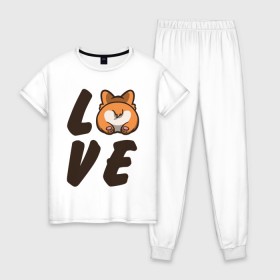 Женская пижама хлопок с принтом Love Corgi в Петрозаводске, 100% хлопок | брюки и футболка прямого кроя, без карманов, на брюках мягкая резинка на поясе и по низу штанин | corgi | корги