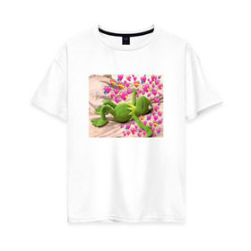 Женская футболка хлопок Oversize с принтом Кермит и сердечки в Петрозаводске, 100% хлопок | свободный крой, круглый ворот, спущенный рукав, длина до линии бедер
 | интернет мем | кермит | любовь | мем | персонаж | прикол | сердечки | сердца | улица сезам
