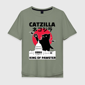 Мужская футболка хлопок Oversize с принтом Catzilla King of Pawster в Петрозаводске, 100% хлопок | свободный крой, круглый ворот, “спинка” длиннее передней части | cat | catzilla | kitty | paw | pawster | годзилла | кот | котики | коты | кошки | пародия