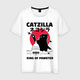 Мужская футболка хлопок с принтом Catzilla King of Pawster в Петрозаводске, 100% хлопок | прямой крой, круглый вырез горловины, длина до линии бедер, слегка спущенное плечо. | Тематика изображения на принте: cat | catzilla | kitty | paw | pawster | годзилла | кот | котики | коты | кошки | пародия