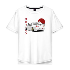 Мужская футболка хлопок Oversize с принтом Nissan Skyline R34 GT-R в Петрозаводске, 100% хлопок | свободный крой, круглый ворот, “спинка” длиннее передней части | Тематика изображения на принте: nissan skyline r34 gt r