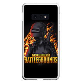 Чехол для Samsung S10E с принтом PUBG в Петрозаводске, Силикон | Область печати: задняя сторона чехла, без боковых панелей | action | battle royal | bright | fire | flame | game | heat | light | play | playerunknowns battlegrounds | pubg | wildfire | winner winner chiken dinner | искры | огненный | огонь | пабг | пламя | пожар | шутер