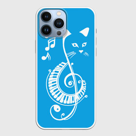 Чехол для iPhone 13 Pro Max с принтом Котик Меломан голубой в Петрозаводске,  |  | blue | cat | music | musical | white | белый | день | игроман | кот | котик | котиков | котиком | котов | кошек | кошка | меломан | музыка | музыкальный | ноты | с белым | с котом | с нотами | студент | студента | фон