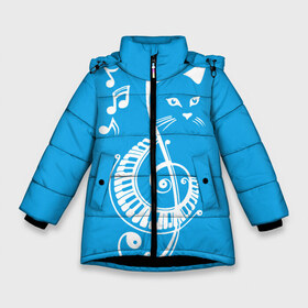 Зимняя куртка для девочек 3D с принтом Котик Меломан голубой в Петрозаводске, ткань верха — 100% полиэстер; подклад — 100% полиэстер, утеплитель — 100% полиэстер. | длина ниже бедра, удлиненная спинка, воротник стойка и отстегивающийся капюшон. Есть боковые карманы с листочкой на кнопках, утяжки по низу изделия и внутренний карман на молнии. 

Предусмотрены светоотражающий принт на спинке, радужный светоотражающий элемент на пуллере молнии и на резинке для утяжки. | Тематика изображения на принте: blue | cat | music | musical | white | белый | день | игроман | кот | котик | котиков | котиком | котов | кошек | кошка | меломан | музыка | музыкальный | ноты | с белым | с котом | с нотами | студент | студента | фон