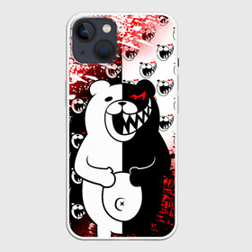 Чехол для iPhone 13 с принтом Монокума на паттерне в Петрозаводске,  |  | anime | bear | black  white | danganronpa | kurokuma | monodam | monokuma | monomi | monotaro | pink | rabbit | school | shirokuma | аниме | главарь | мoноми | монокума | черно белый | школа