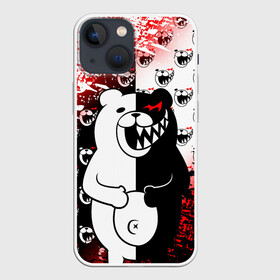 Чехол для iPhone 13 mini с принтом Монокума на паттерне в Петрозаводске,  |  | anime | bear | black  white | danganronpa | kurokuma | monodam | monokuma | monomi | monotaro | pink | rabbit | school | shirokuma | аниме | главарь | мoноми | монокума | черно белый | школа