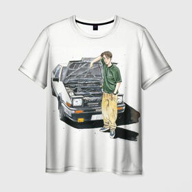 Мужская футболка 3D с принтом Initial D Takumi & Toyota AE 86 в Петрозаводске, 100% полиэфир | прямой крой, круглый вырез горловины, длина до линии бедер | ae 86 | anime | car | fujiwara | initial d | japan | jdm | levin | stance | takumi | toyota | trueno | автомобили | аниме | гонки | инициал д | такуми