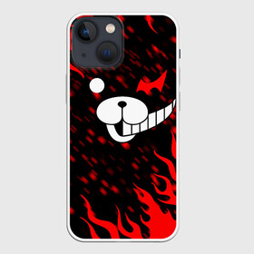 Чехол для iPhone 13 mini с принтом Монокума пламя со всех сторон в Петрозаводске,  |  | anime | bear | black  white | danganronpa | kurokuma | monodam | monokuma | monomi | monotaro | pink | rabbit | school | shirokuma | аниме | главарь | мoноми | монокума | черно белый | школа