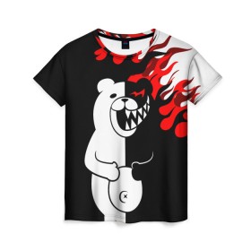 Женская футболка 3D с принтом MONOKUMA. в Петрозаводске, 100% полиэфир ( синтетическое хлопкоподобное полотно) | прямой крой, круглый вырез горловины, длина до линии бедер | anime | bear | black  white | danganronpa | kurokuma | monodam | monokuma | monomi | monotaro | pink | rabbit | school | shirokuma | аниме | главарь | мoноми | монокума | черно белый | школа