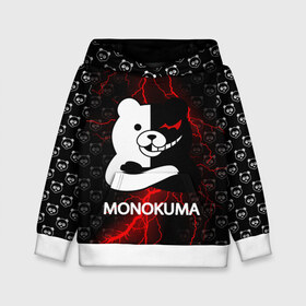 Детская толстовка 3D с принтом MONOKUMA. в Петрозаводске, 100% полиэстер | двухслойный капюшон со шнурком для регулировки, мягкие манжеты на рукавах и по низу толстовки, спереди карман-кенгуру с мягким внутренним слоем | Тематика изображения на принте: anime | bear | black  white | danganronpa | kurokuma | monodam | monokuma | monomi | monotaro | pink | rabbit | school | shirokuma | аниме | главарь | мoноми | монокума | черно белый | школа