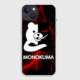 Чехол для iPhone 13 с принтом Монокума с красной молнией в Петрозаводске,  |  | anime | bear | black  white | danganronpa | kurokuma | monodam | monokuma | monomi | monotaro | pink | rabbit | school | shirokuma | аниме | главарь | мoноми | монокума | черно белый | школа