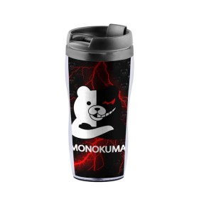 Термокружка-непроливайка с принтом MONOKUMA. в Петрозаводске, внутренняя часть — пищевой пластик, наружная часть — прозрачный пластик, между ними — полиграфическая вставка с рисунком | объем — 350 мл, герметичная крышка | Тематика изображения на принте: anime | bear | black  white | danganronpa | kurokuma | monodam | monokuma | monomi | monotaro | pink | rabbit | school | shirokuma | аниме | главарь | мoноми | монокума | черно белый | школа