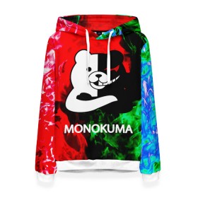 Женская толстовка 3D с принтом MONOKUMA. в Петрозаводске, 100% полиэстер  | двухслойный капюшон со шнурком для регулировки, мягкие манжеты на рукавах и по низу толстовки, спереди карман-кенгуру с мягким внутренним слоем. | anime | bear | black  white | danganronpa | kurokuma | monodam | monokuma | monomi | monotaro | pink | rabbit | school | shirokuma | аниме | главарь | мoноми | монокума | черно белый | школа