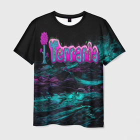 Мужская футболка 3D с принтом Terraria в Петрозаводске, 100% полиэфир | прямой крой, круглый вырез горловины, длина до линии бедер | terraria | terraria logo | terraria modded | террария | террария надпись