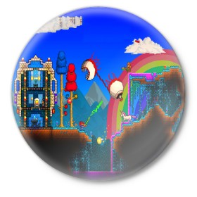 Значок с принтом TERRARIA GAME в Петрозаводске,  металл | круглая форма, металлическая застежка в виде булавки | Тематика изображения на принте: game | pixel | terraria | игра | пиксель | террариа