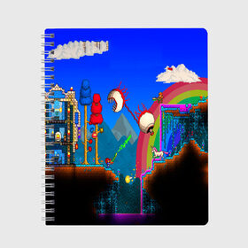 Тетрадь с принтом TERRARIA GAME в Петрозаводске, 100% бумага | 48 листов, плотность листов — 60 г/м2, плотность картонной обложки — 250 г/м2. Листы скреплены сбоку удобной пружинной спиралью. Уголки страниц и обложки скругленные. Цвет линий — светло-серый
 | Тематика изображения на принте: game | pixel | terraria | игра | пиксель | террариа