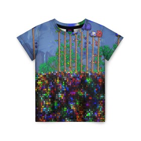 Детская футболка 3D с принтом TERRARIA в Петрозаводске, 100% гипоаллергенный полиэфир | прямой крой, круглый вырез горловины, длина до линии бедер, чуть спущенное плечо, ткань немного тянется | game | pixel | terraria | игра | пиксель | террариа