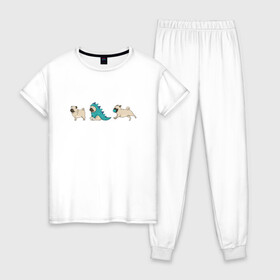 Женская пижама хлопок с принтом Смешные мопсы в Петрозаводске, 100% хлопок | брюки и футболка прямого кроя, без карманов, на брюках мягкая резинка на поясе и по низу штанин | игривый пес | мопс | пес | смешной мопс | собака